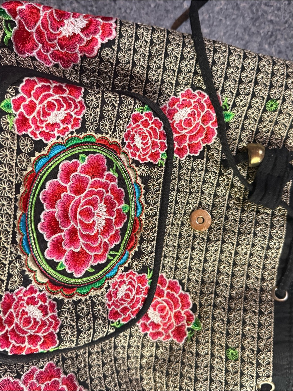 Embroidered Floral Black Tote Bag with Pink Rose Motif